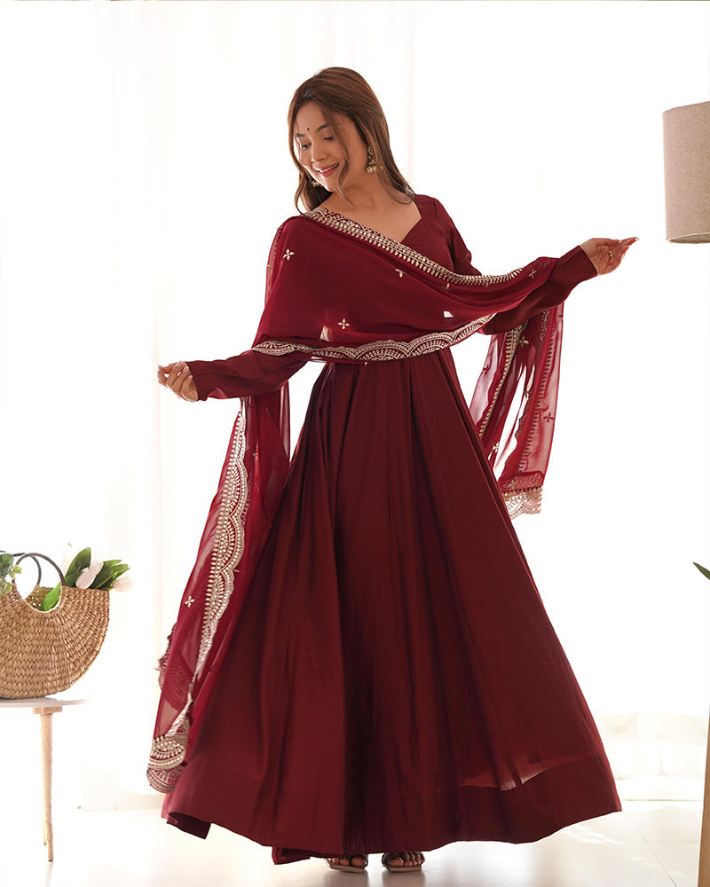 Maroon Color Chanderi Silk Three Piece Anarkali Suit