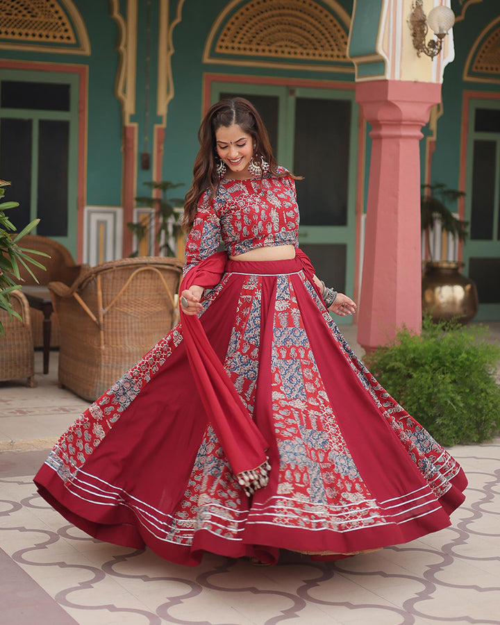 Navratri Wear Maroon Color Rayon Printed Lehenga Choli