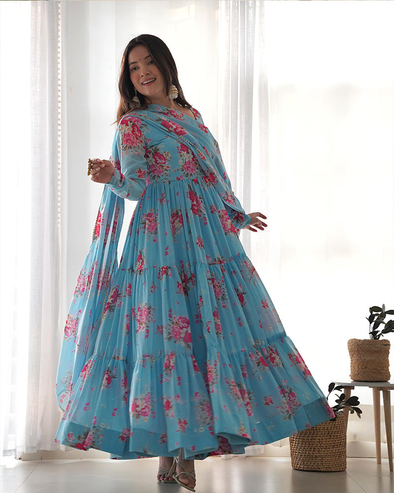 Floral Print Sky Blue Color Georgette Frill Anarkali Suit