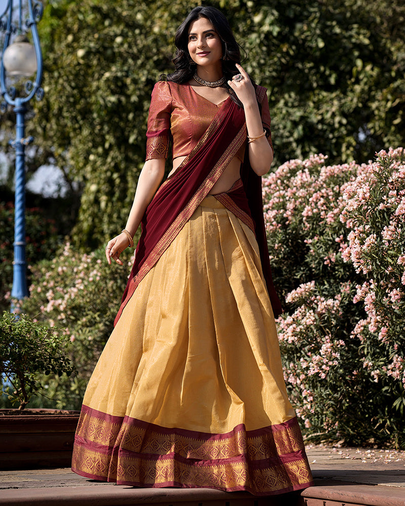 Designer Cream Color Kanchipuram Silk Lehenga Choli