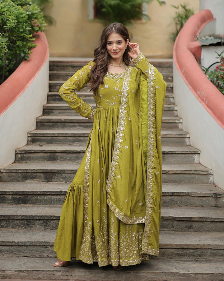 Parrot Color Chinon Embroidered Sharara Suit