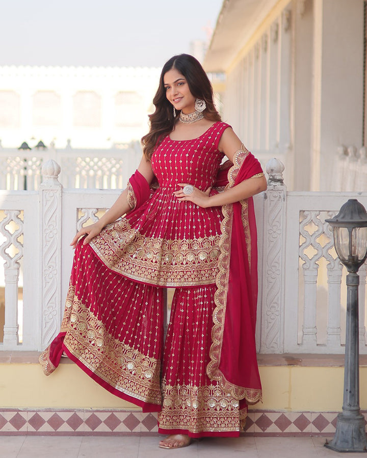 Embriodered Rani Pink Color Faux Georgette Three Piece Gharara Suit