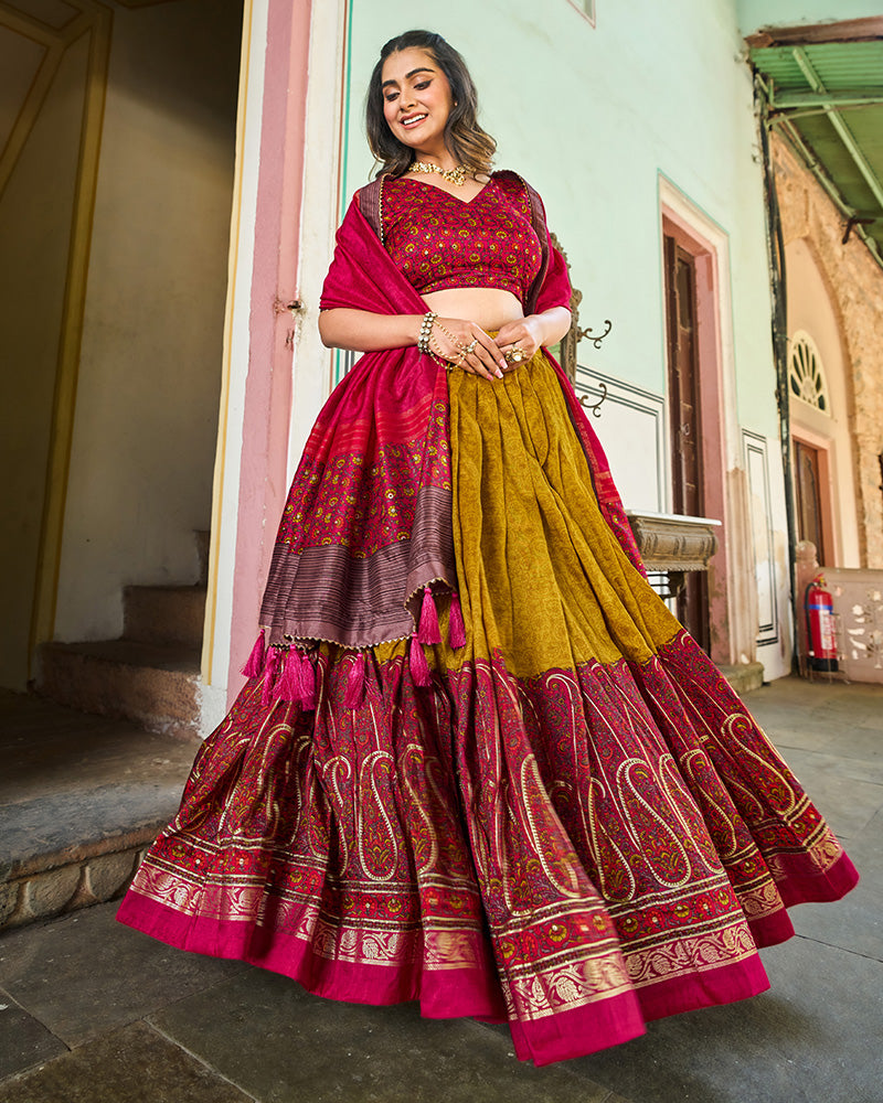 Mustard Yellow Color Tussar Silk Designer Lehenga Choli