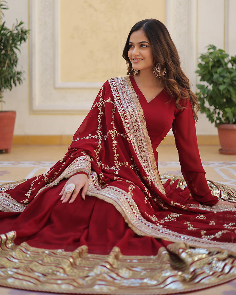 Beautiful Maroon Color Anarkali Gown With Sequence Embroidery Dupatta