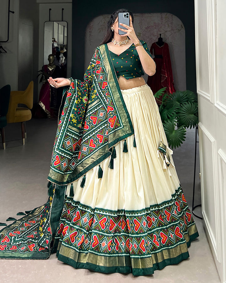 Patola Printed Green Color Tussar Silk Lehenga Choli