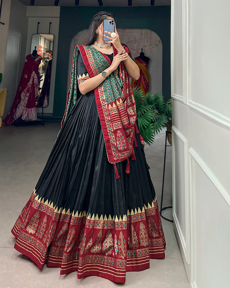 Black Color Tussar Silk Foil Print Designer Semi Stitched Lehenga Choli