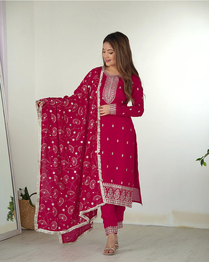 Rani Pink Color Blooming Rangoli Silk Three Piece Salwar Suit