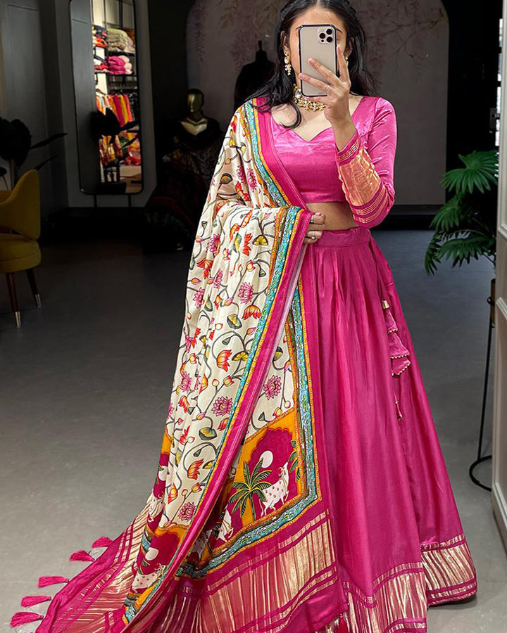 Pink Dyeing With Lagdi Patta Gaji Silk Lehenga Choli