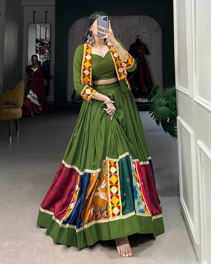 Mehndi Color Pure Rayon Gamthi Work Navratri Lehenga Choli