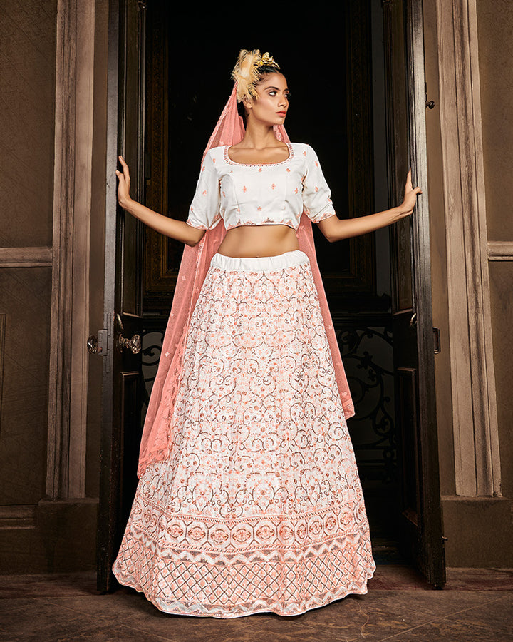 Pearl White Orange Fancy Designer Georgette Lehenga Choli