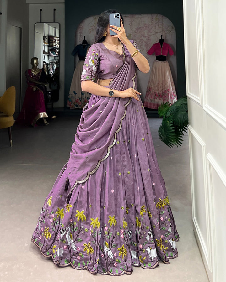 Designer Lavender Color Vichitra Shimmer Embroidered Lehenga Choli