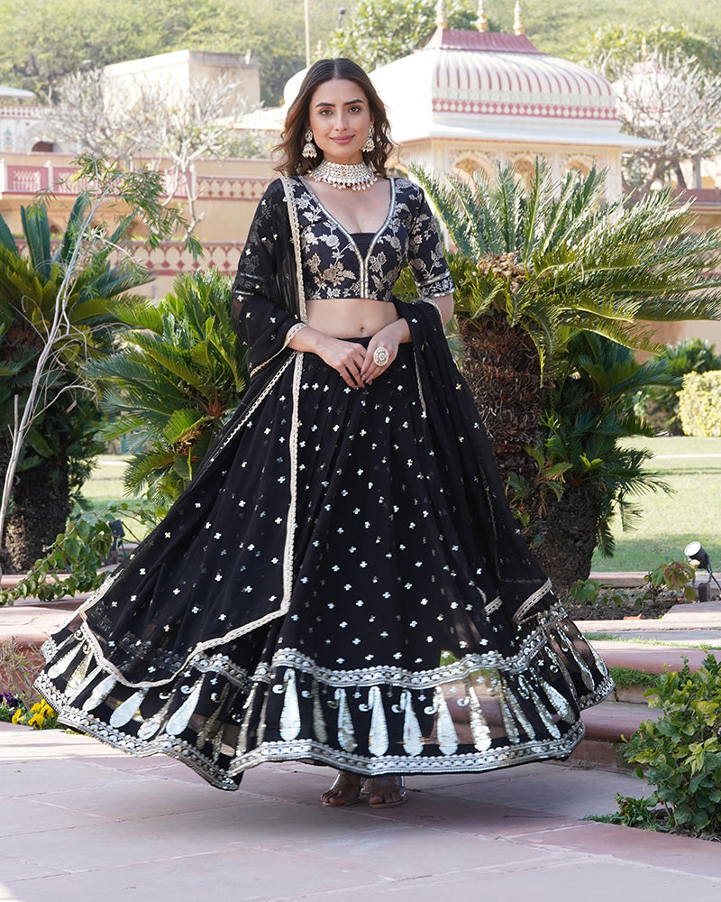 Wedding Wear Black Color Blooming Embroidery Lehenga Choli