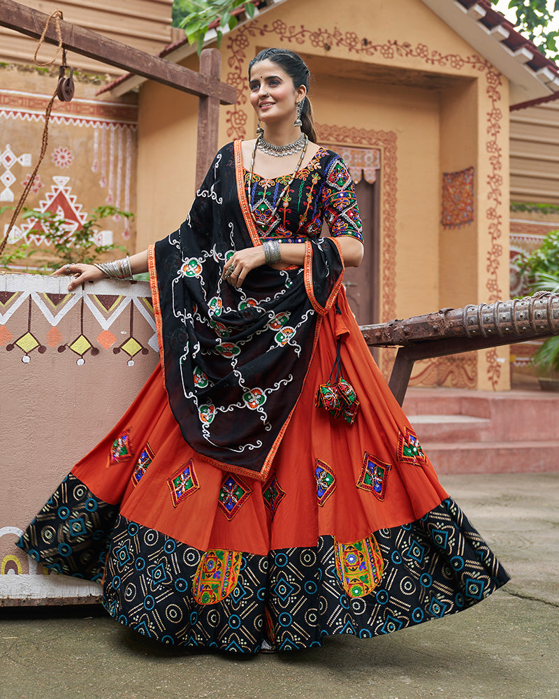 Orange Color Viscose Rayon Fully Stitched Navratri Lehenga Choli