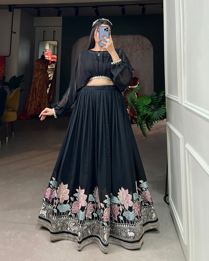 Designer Black Color Georgette Crop Top Lehenga Choli