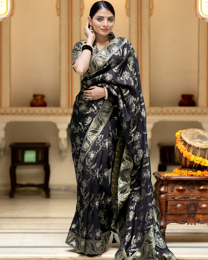 Designer Black Color Jacquard Weaving Banarasi Silk Saree