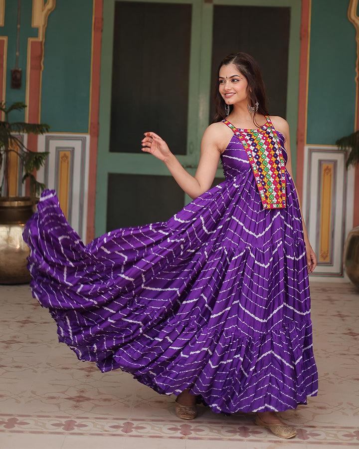 Navratri Special Purple Color Chinon Laheriya Gown