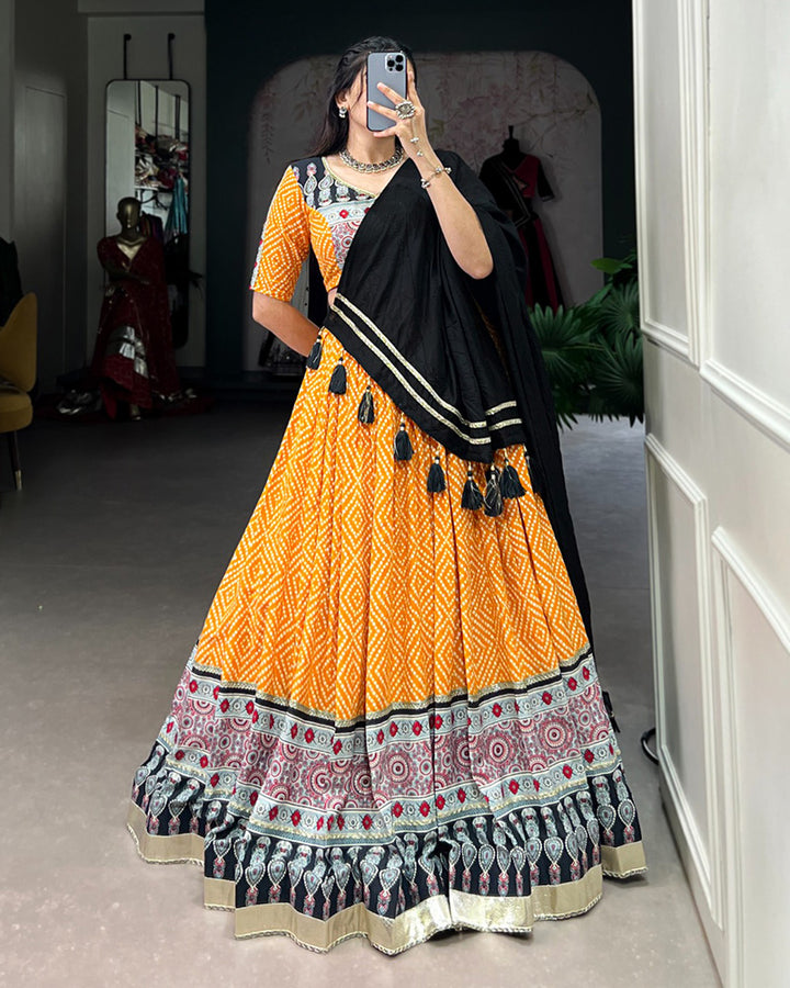 Yellow Color Rayon Ajarakh Printed Navratri Lehenga Choli