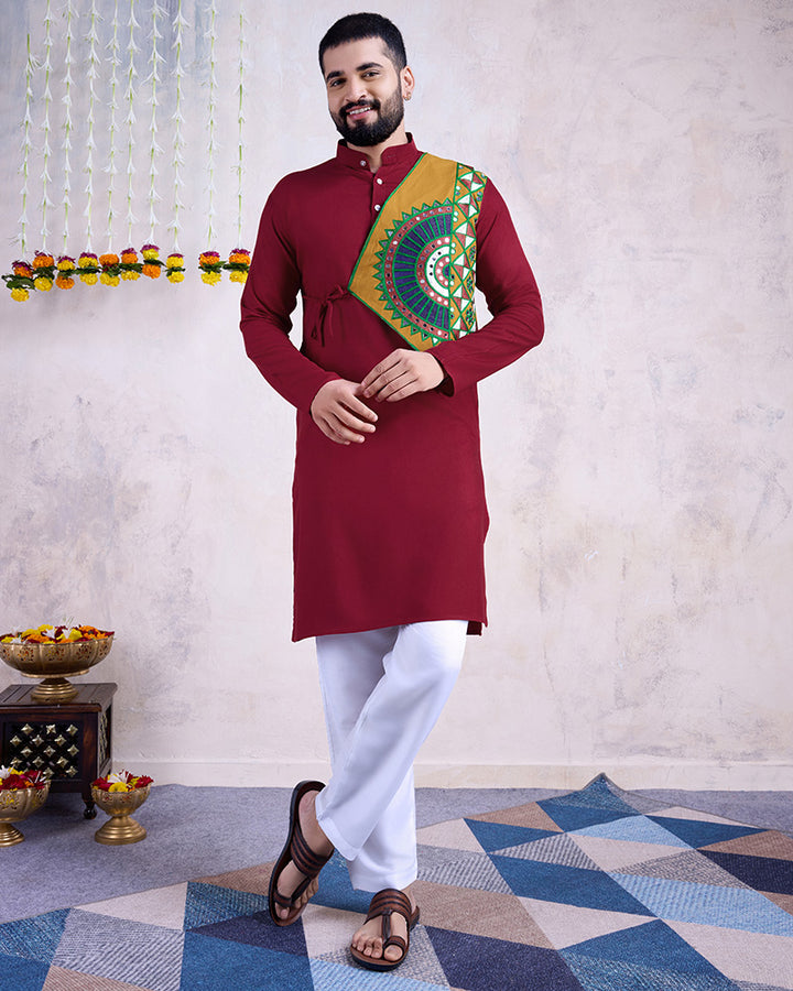 Maroon Color Rayon Embroidered Men's Kurta