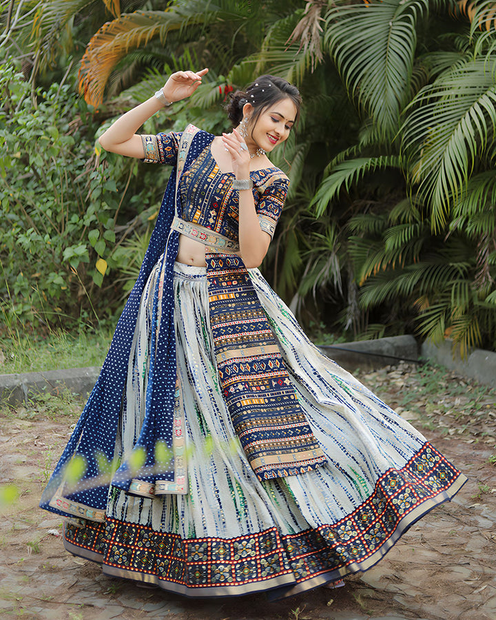 Off White-Blue Color Cotton Shibori Print Wedding Lehenga Choli