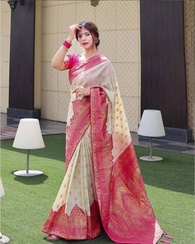 Designer Pink And Cream Color Jacquard Banarasi Silk Saree