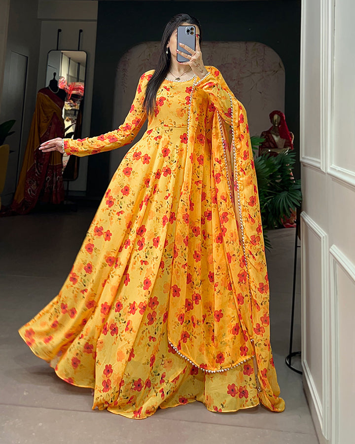 Yellow Color Designer Georgette Gown With Dupatta