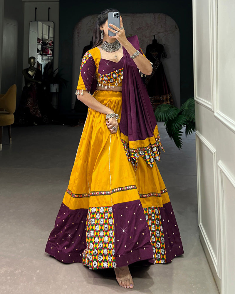 Mustard Color Cotton Gamthi Navratri Lehenga Choli