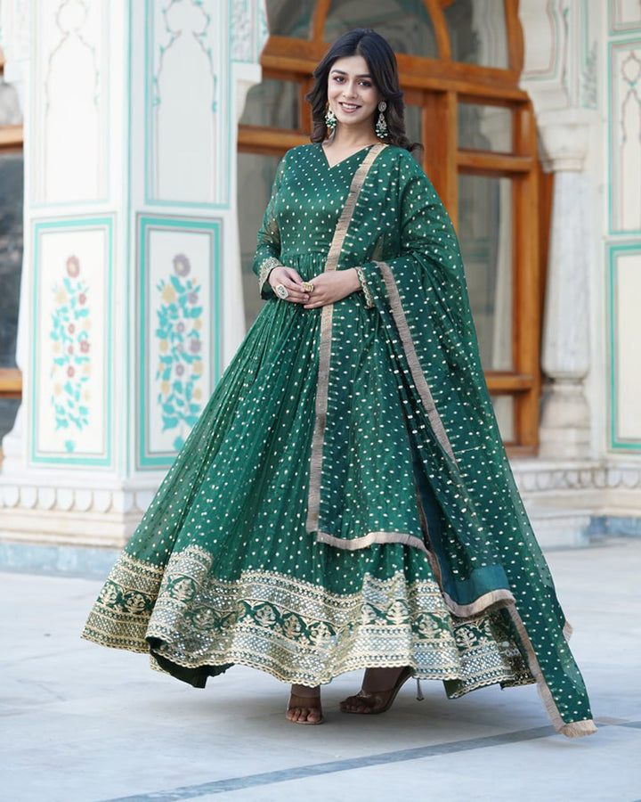 Beautiful Green Color Embroidery Anarkali Gown With Dupatta