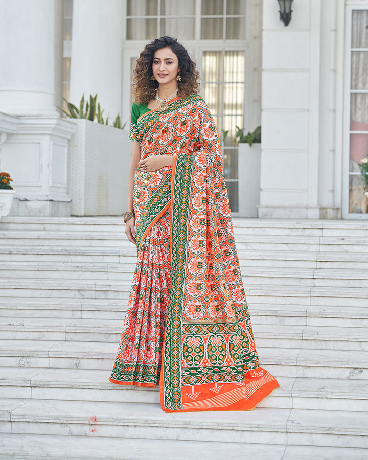 New Design Orange Color Patola Print Weaving Silk Saree