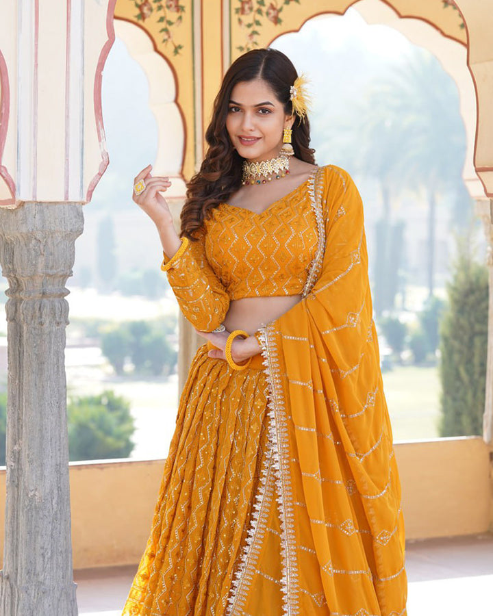 Latest Design Yellow Color Georgette Semi Stitched Lehenga Choli