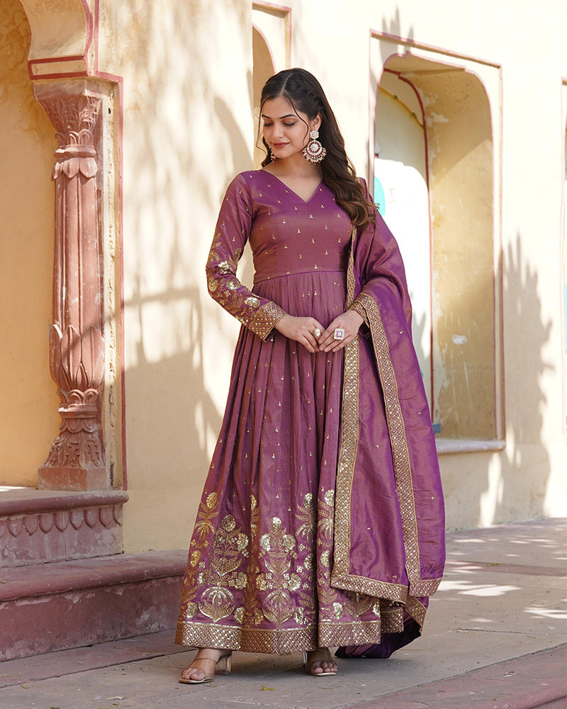 Beautiful Onion Color Viscose Cosmos Gown With Embroidered Dupatta