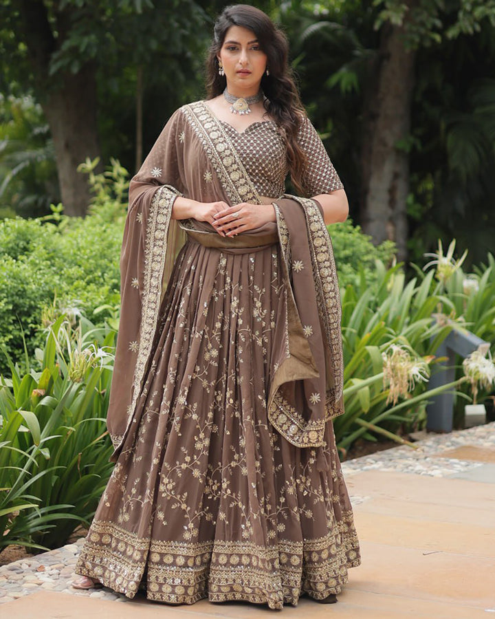 Designer Brown Color Blooming Lehenga Choli With Beautiful Dupatta