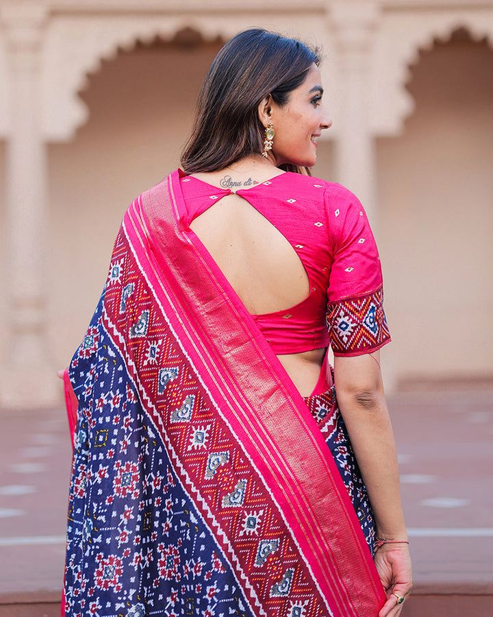 Navy Blue Color Patola Print With Foil Work Dola Silk Saree