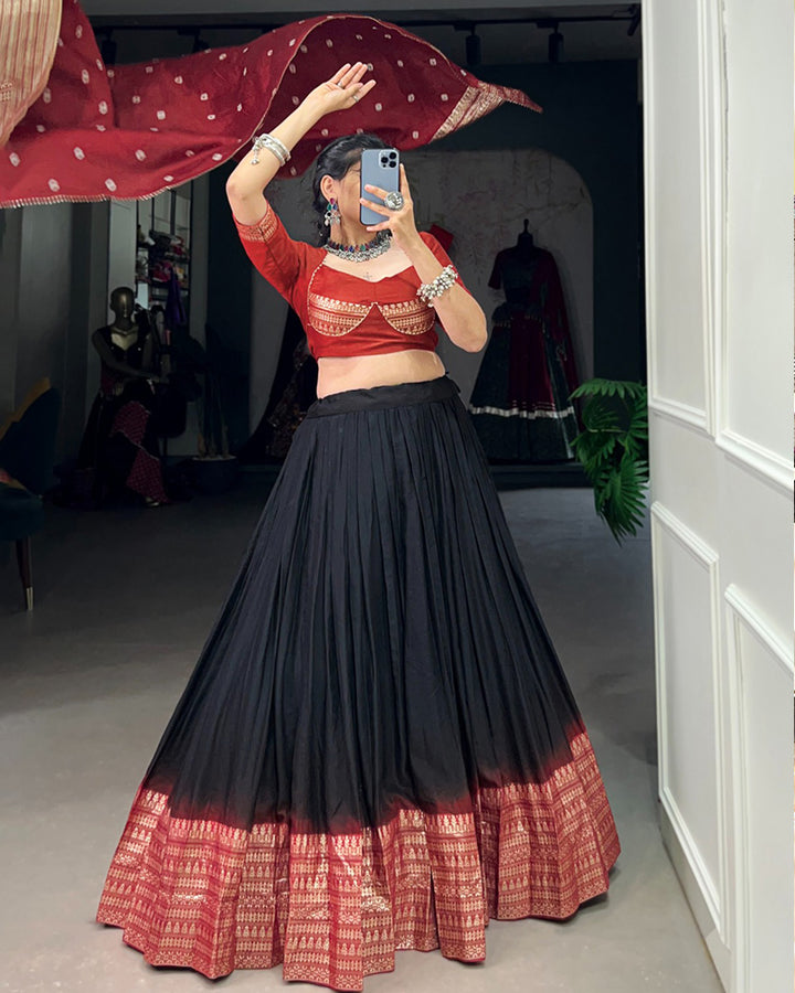 Black Color Chanderi Navratri lehenga Choli With Bandhej Dupatta