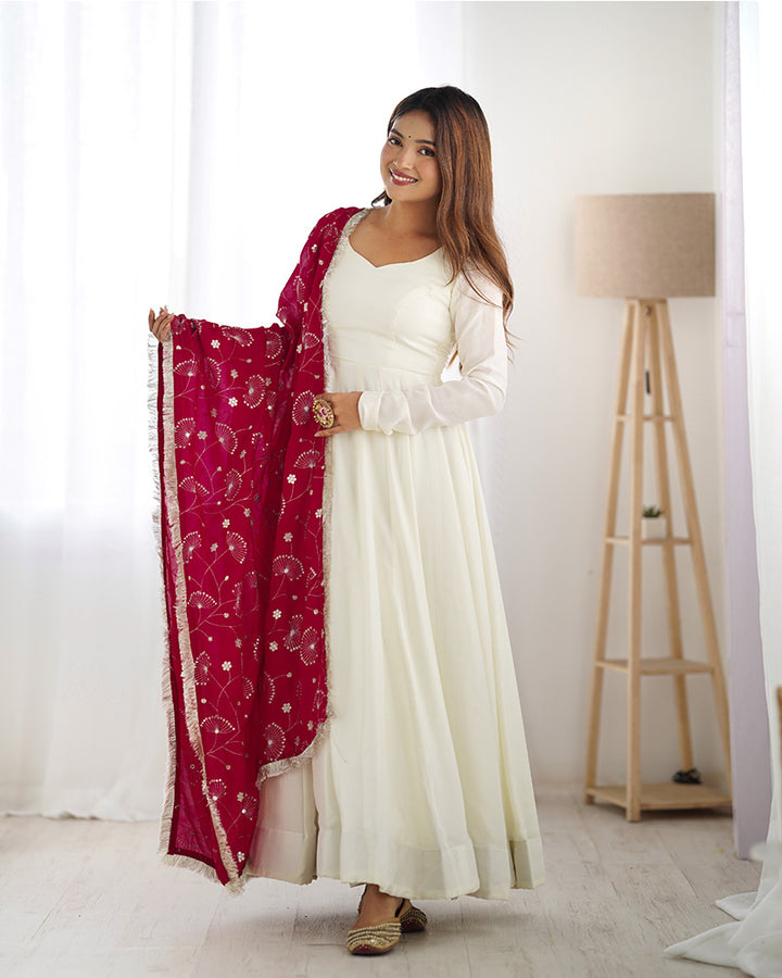 Rani Pink Dupatta With White Color Soft Silk Anarkali