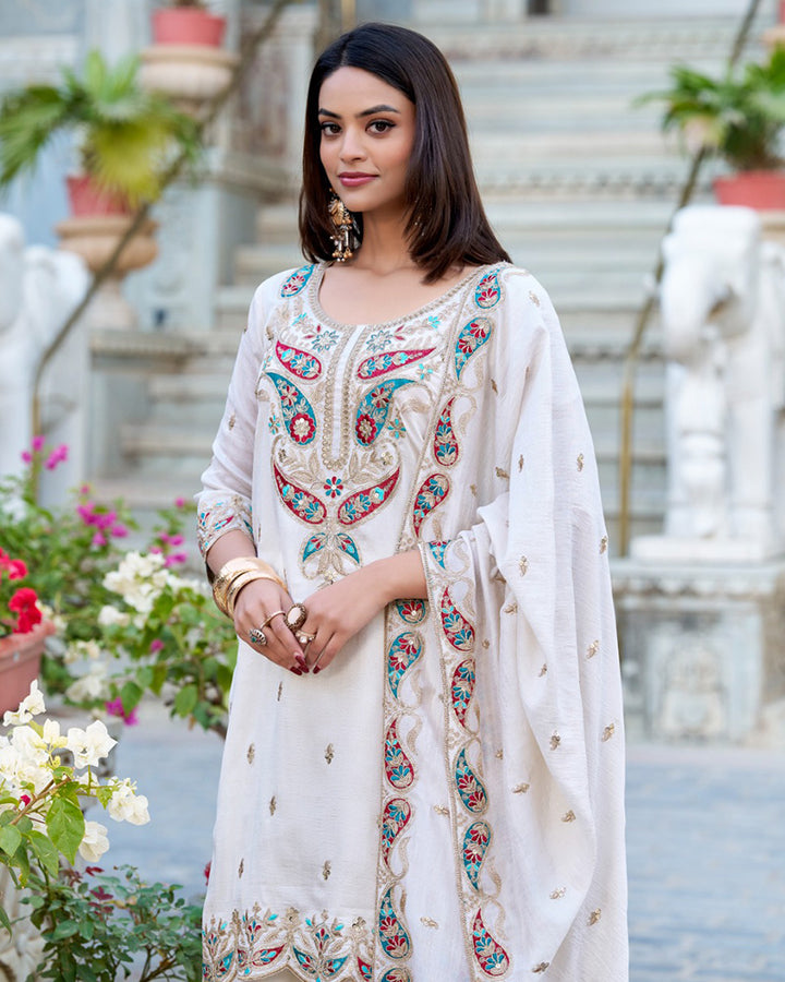 White Color Vichitra Silk Embroidered Salwar Suit