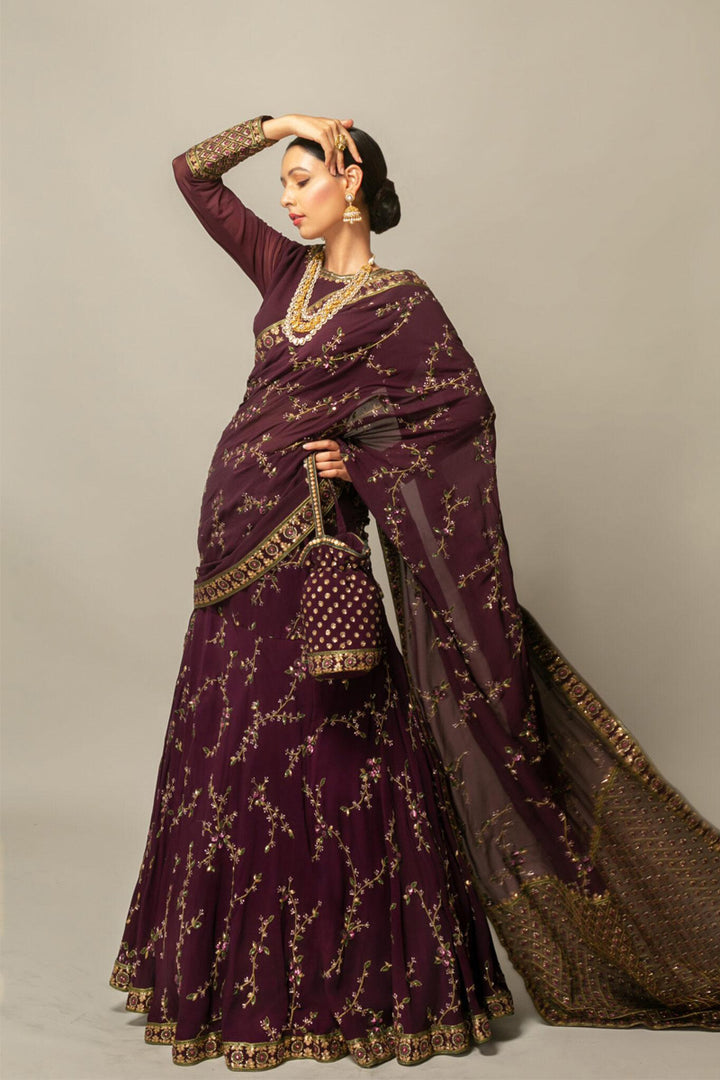 Wedding Wear Wine Color Embroidery Soft Georgette Lehenga Saree With attached Dupatta