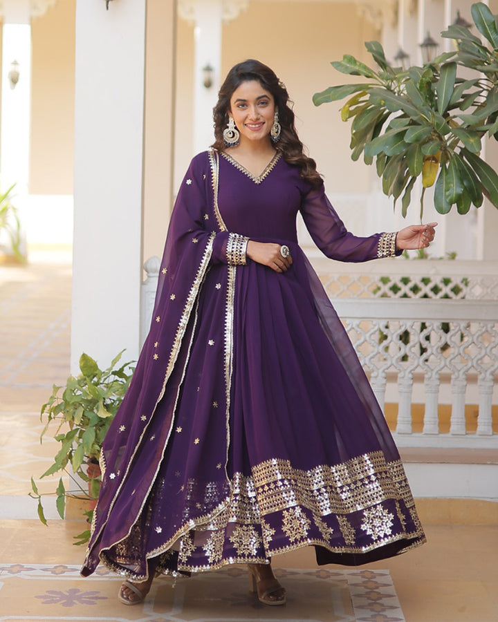 Wine Faux Blooming Gown With Dupatta With Attractive Embroidery Sequence Work