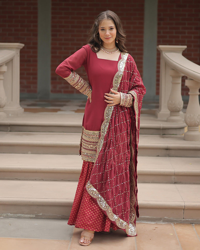 Maroon Color Jacquard And Georgette Three Piece Plazzo Suit