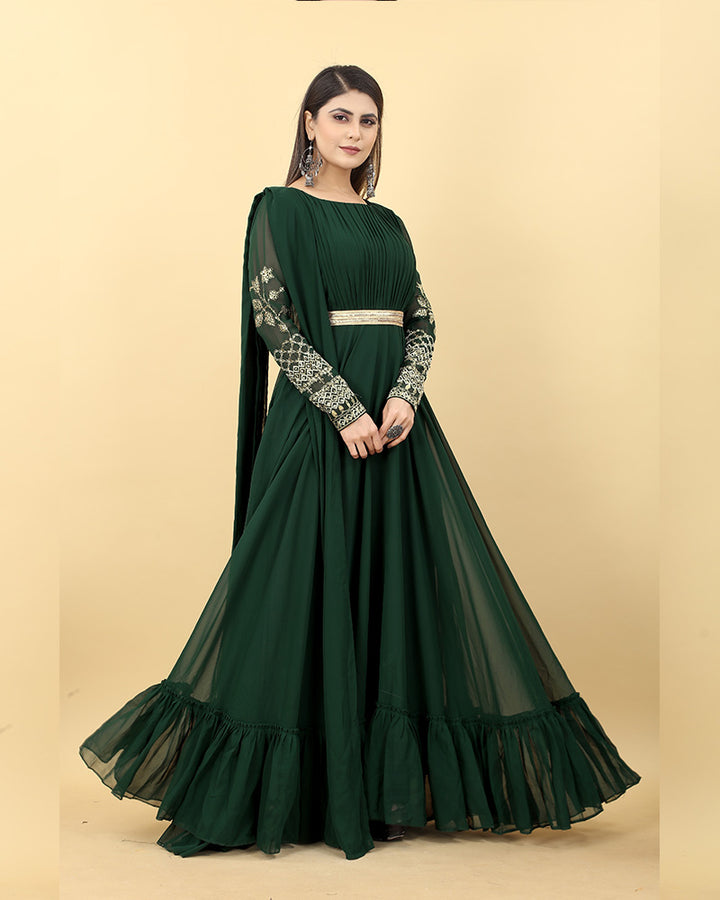 Beautiful Mehndi Color Georgette Embroidered Anarkali Gown