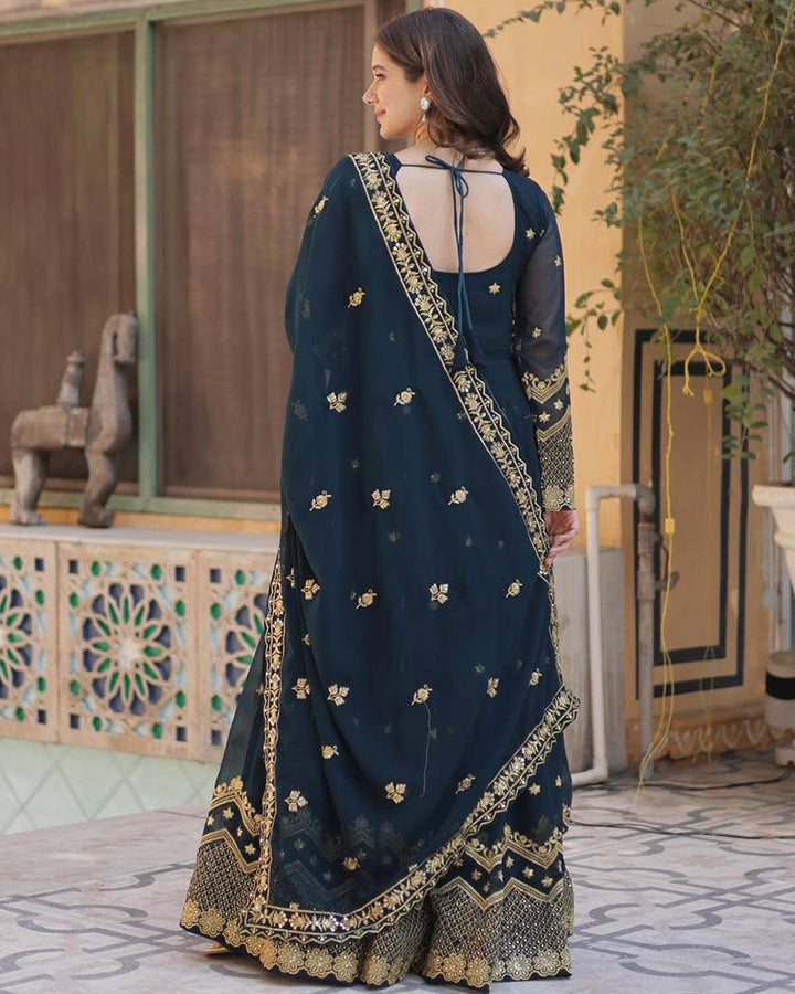 Designer Peacock Color Gown With Sequence Embroidered Dupatta