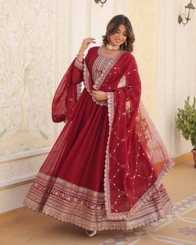 Exclusive Design Maroon Color Anarkali Gown With Sequence Embroidery Dupatta