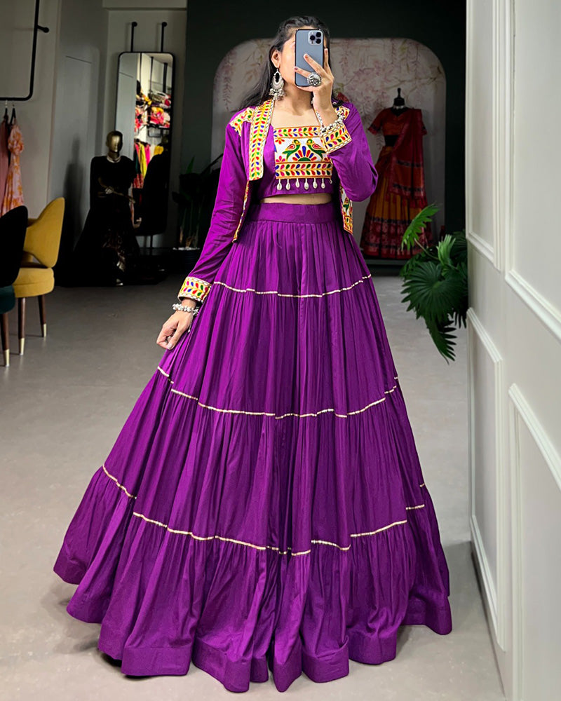 Purple Color Pure Rayon Frill And Gamthi Work Navratri Lehenga Choli