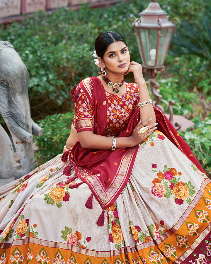 Red Color Tussar Silk Floral And Patola Print Lehenga Choli