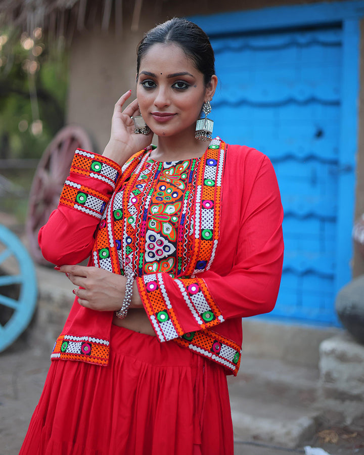 Red Color Rayon Frill And Embroidered Navratri Lehenga Choli