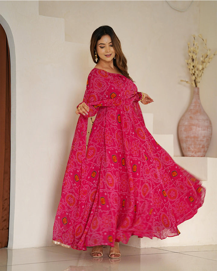 Rani Pink Color Soft Chiffon Anarkali Gown With Dupatta