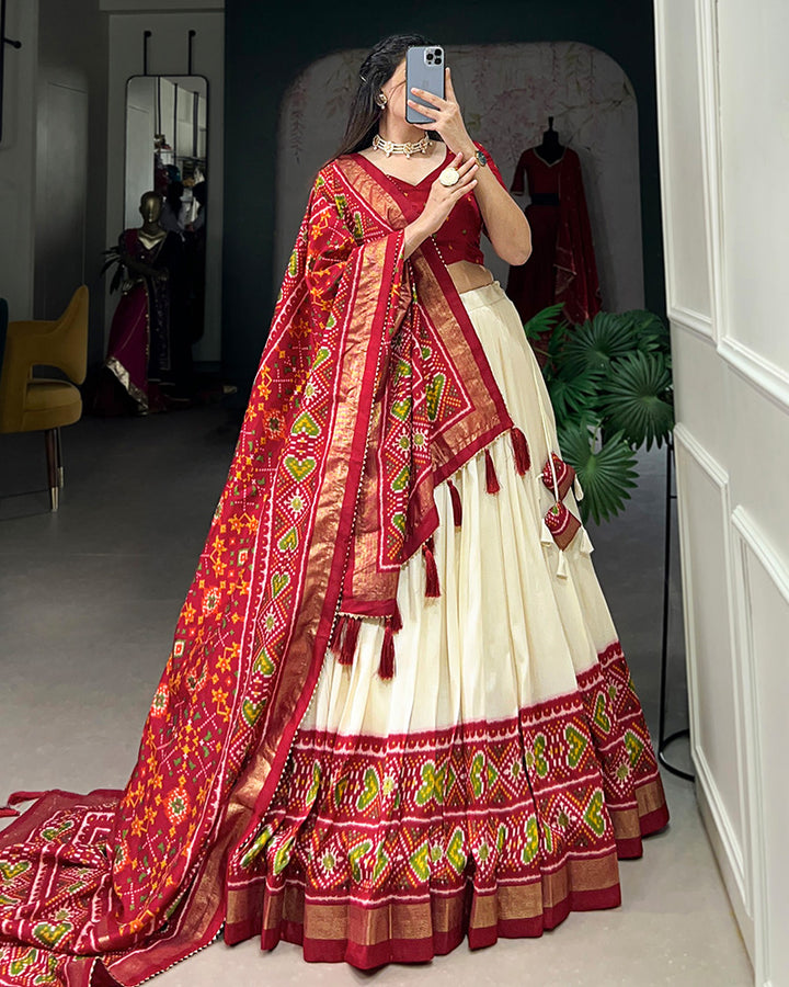 Patola Printed Red Color Tussar Silk Lehenga Choli