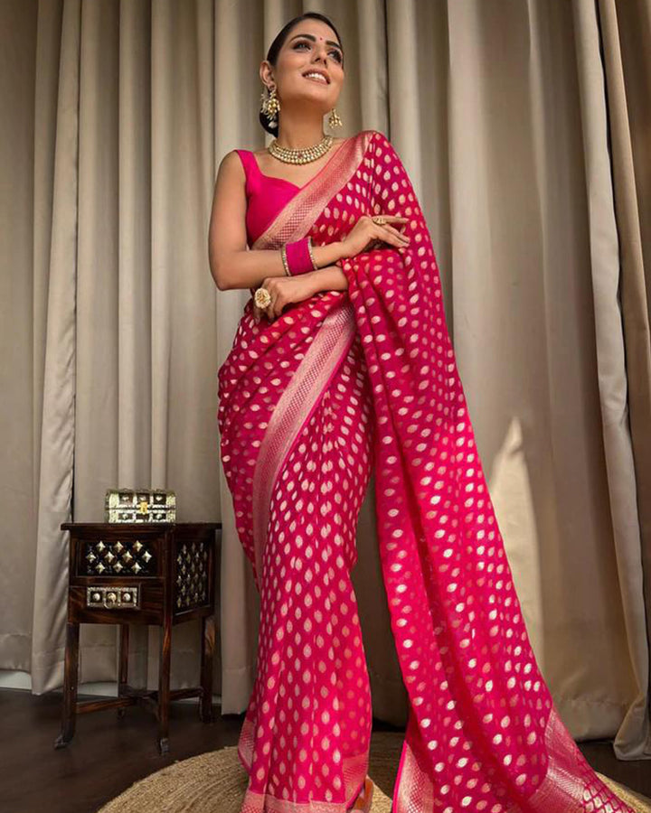 Designer Rani Pink Color Zari Weaving Banarasi Silk Saree