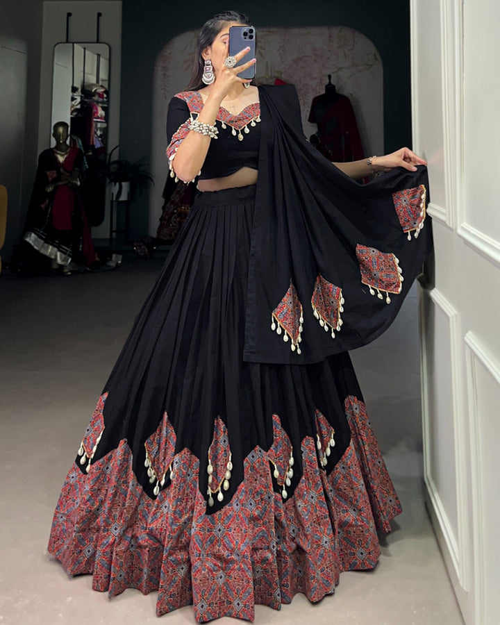 Black Color Cotton Printed Navratri Lehenga Choli