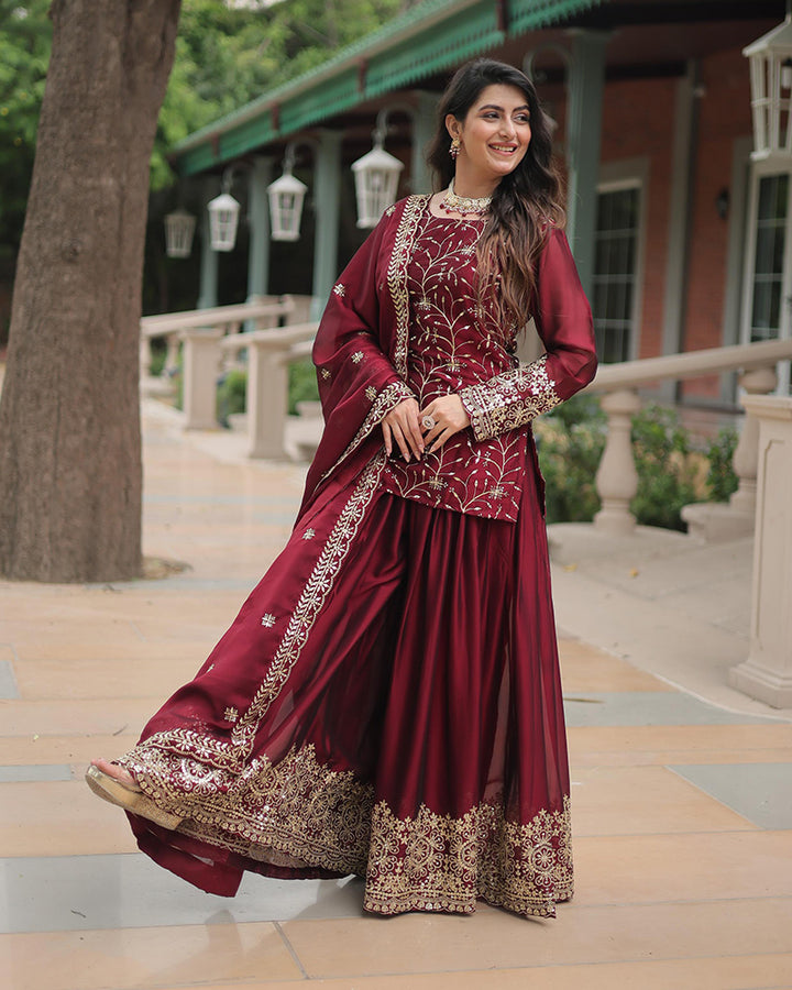 Maroon Color Rangoli Silk Three Piece Plazzo Suit