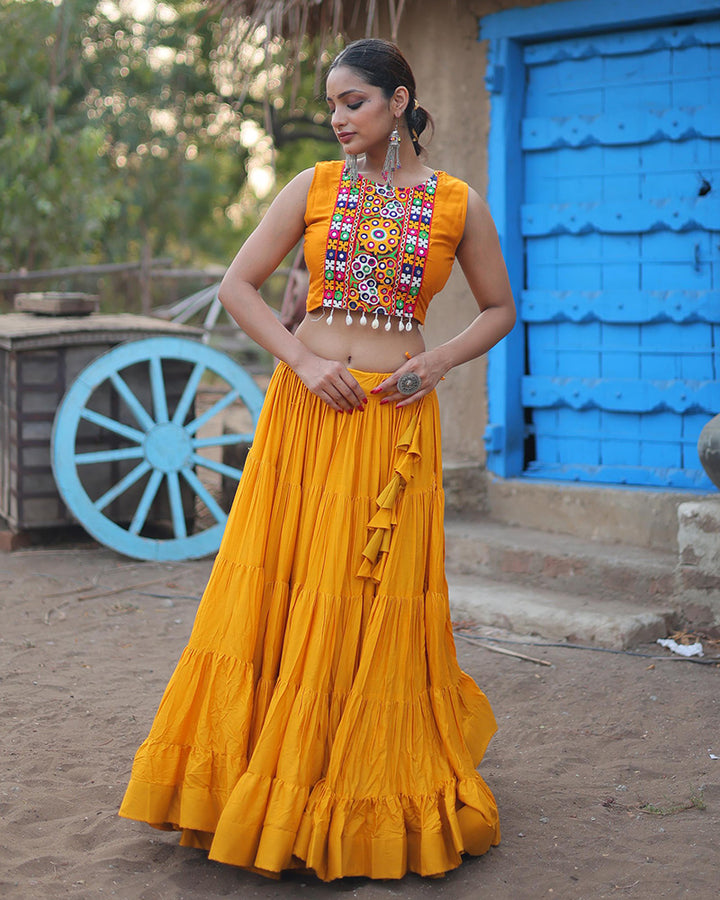 Mustard Color Rayon Frill And Embroidered Navratri Lehenga Choli